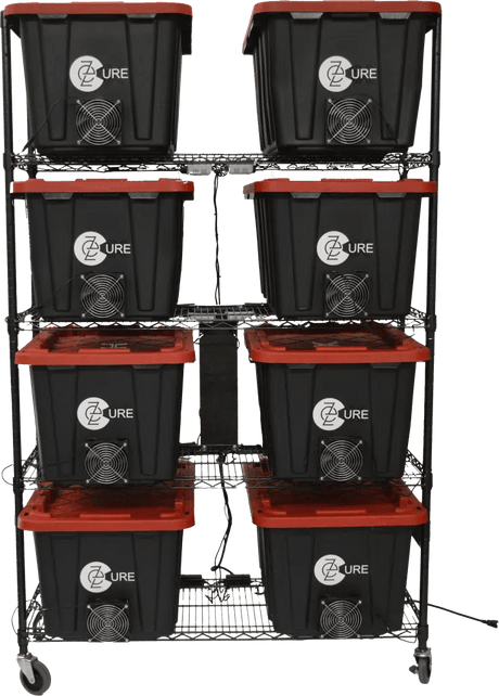 EZ Trim Harvesting EZ Cure Totes - 8 Pack with 4 Tier Shelf - GrowGreen Machines